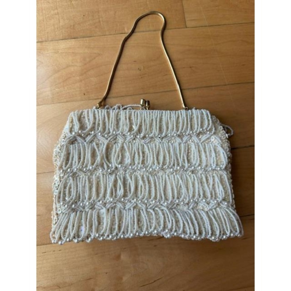 Vintage 1960-70's Richere Beaded Sequin Evening Bag Ivory Gold Chain Clutch
